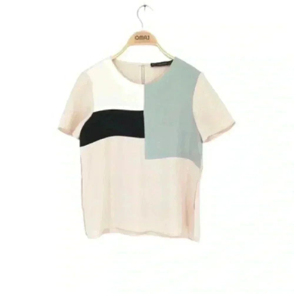 4/$25 Zara Colorblock Blouse Beige, Mint, Black & White Sz L